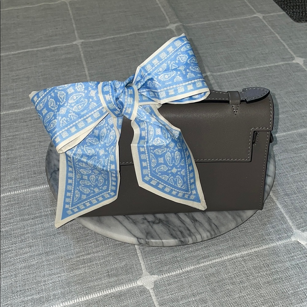 Silky light blue paisley design handbag tie or hair tie
